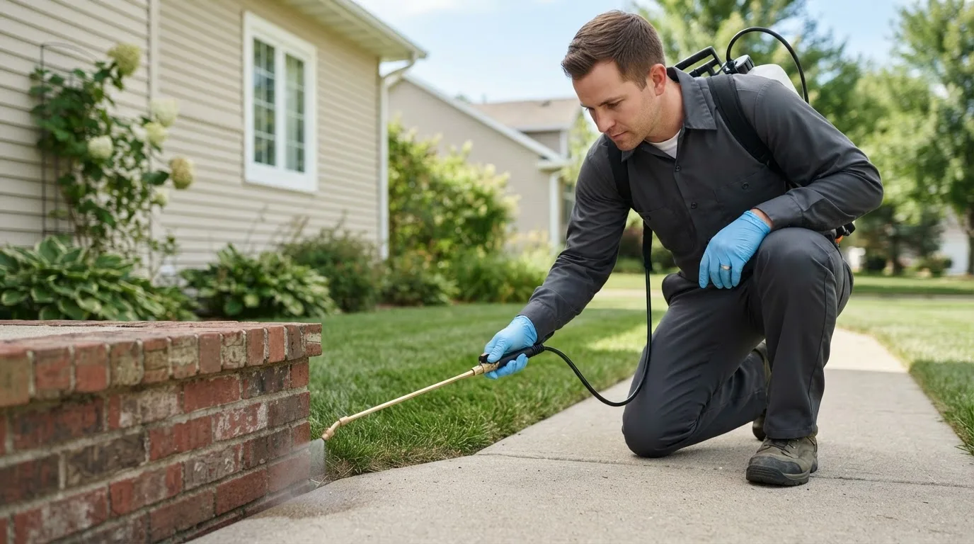 Pest control technician treating a home near Fay, OK