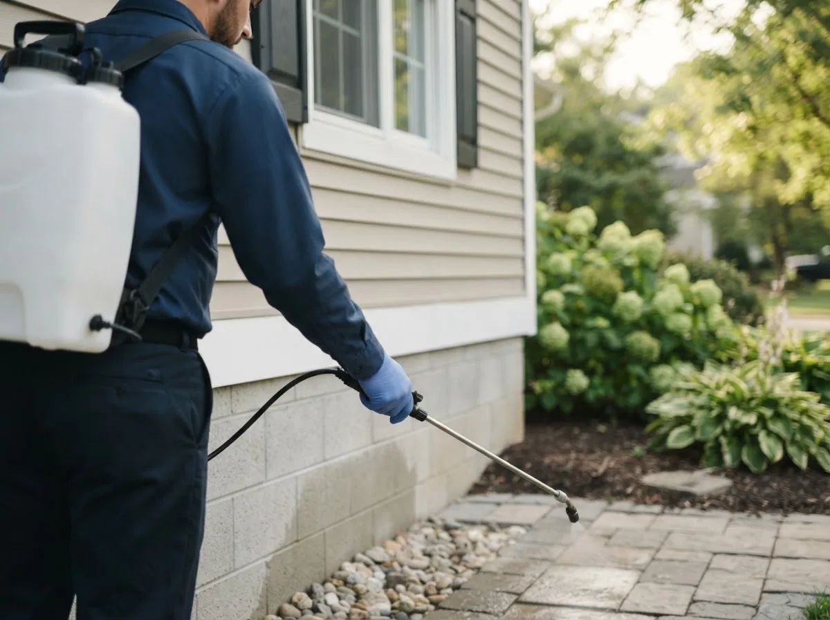 Pest control technician inspecting a home in Fay, OK